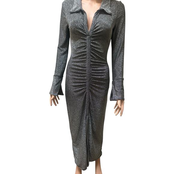 WAYF Metallic Silver Long Sleeve Ruched Midi Dress Size Small - Picture 1 of 4